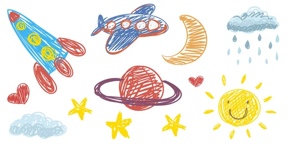 Διανυσματικά παιδιά που σχεδιάζουν σκίτσα με πύραυλο, διαστημόπλοιο, πλανήτη, εξωγήινο, φεγγάρι, αστέρι, σύννεφο, ήλιο. — Διανυσματικό Αρχείο