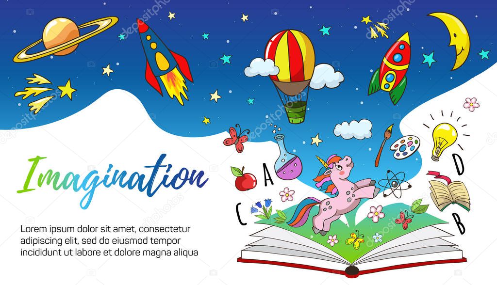 Imagination, creativity, new idea concept - open book with rocket, unicorn, earth, air balloon, jupiter, moon, stars. Vector illustration for school, kindergarten.