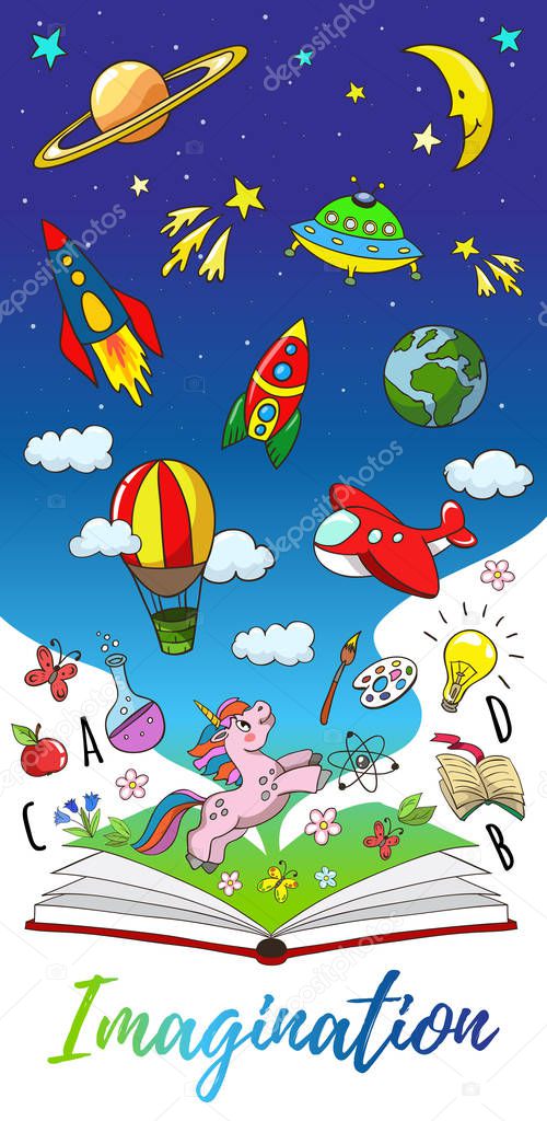 Imagination, creativity, new idea concept - open book with rocket, unicorn, earth, air balloon, jupiter, moon, stars. Vector illustration for school, kindergarten.