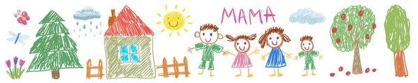 Baba, anne, oğul ve kız birlikte. Mutlu bir aile. Vektör illüstrasyon çocukları çizim biçimi. — Stok Vektör