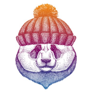 Panda, bambu ayı. Kayak, yün örgü şapka giyen kayakçı hayvan. Noel zamanı. Küçük çocuklar için çizgi film karakteri. Çocuklar tişört için yazdırır