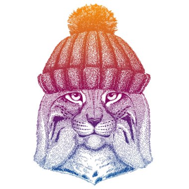 Vahşi kedi, vaşak, vaşak, vaşak. Kayak, yün örgü şapka giyen kayakçı hayvan. Noel zamanı. Küçük çocuklar için çizgi film karakteri. Çocuklar tişört için yazdırır