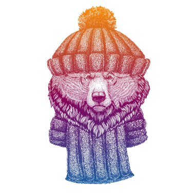 Boz ayı. Kayak, yün örgü şapka giyen kayakçı hayvan. Noel zamanı. Küçük çocuklar için çizgi film karakteri. Çocuklar gömlek için baskı yapar. Çocuk odası dekoru.