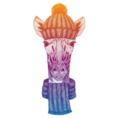 Zürafa. Kayak, yün örgü şapka giyen kayakçı hayvan. Noel zamanı. Küçük çocuklar için çizgi film karakteri. Çocuklar gömlek için baskı yapar. Çocuk odası dekoru.