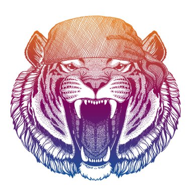 Vahşi kaplan. Vahşi korsan ya da motorcu. Hayvan portresi. Denizci, motosikletçi. Çocuk kıyafetleri için parmak izi, T-E. Çocuk modası.