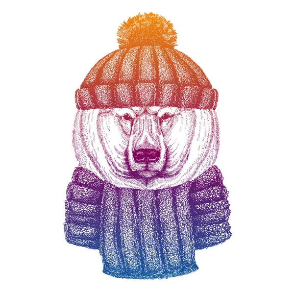 Polar bear. Ski, skier animal wearing woolen knitted hat. Christmas time. Cartoon character for little children. Kids print for shirts. Nursery decor. — Stock Vector
