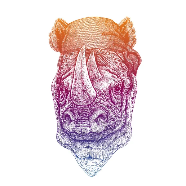 Rhino, rhinoceros. Wild pirate or biker. Vector animal portrait. Sailor, motorcyclist. Print for children clothing, tee. Kids fashion. — 스톡 벡터