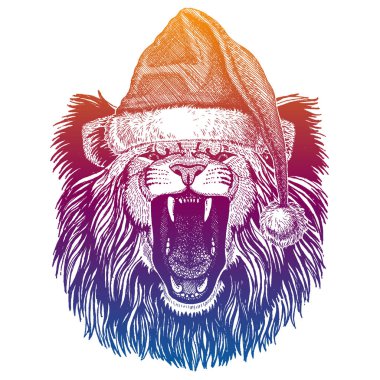 Aslan. Noel Baba Noel şapkası takan vektör hayvan. Çocuklar için baskı. Posterler, kıyafetler, parti davetiyeleri için çocuk resimleri..