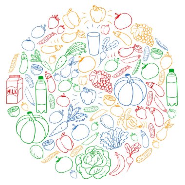 Sağlıklı gıda ile vektör deseni. Meyve ve sebzeler. Süt, süt ürünleri. Mağaza, alışveriş merkezi, menü, kafe, restoran için desen.