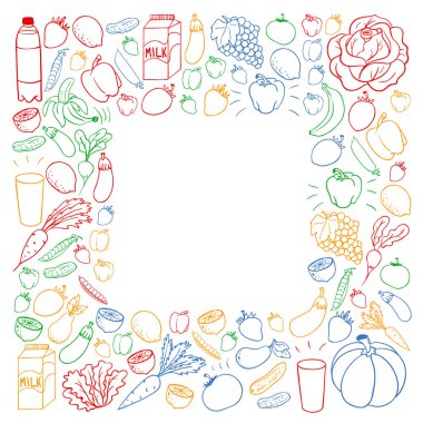 Sağlıklı gıda ile vektör deseni. Meyve ve sebzeler. Süt, süt ürünleri. Mağaza, alışveriş merkezi, menü, kafe, restoran için desen.