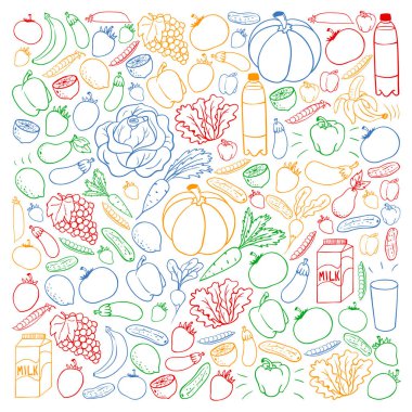 Sağlıklı gıda ile vektör deseni. Meyve ve sebzeler. Süt, süt ürünleri. Mağaza, alışveriş merkezi, menü, kafe, restoran için desen.