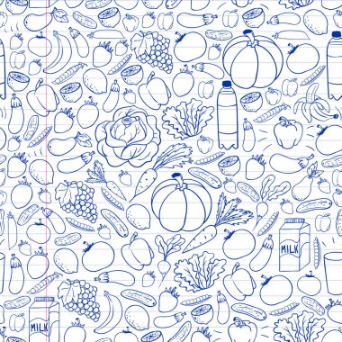 Sağlıklı besinli, kusursuz bir şablon. Meyve ve sebze. Süt, süt ürünleri. Mağaza, alışveriş merkezi, menü, kafe, restoranlar için desen.