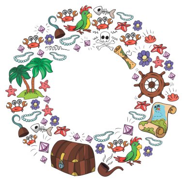 Vektör küçük çocuklar için doğum günü partisi için korsan unsurları ile ayarlayın. Ahtapot, plaj, hazine sandığı, gemi ile Çocuk desen