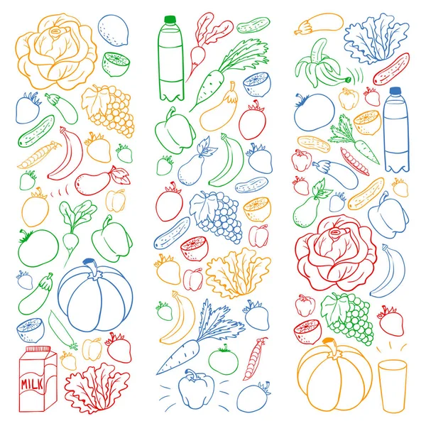 Vector pattern with healthy food. Fruits and vegetables. Milk, dairy products. Pattern for store, mall, menu, cafe, restaurants. — Stock Vector