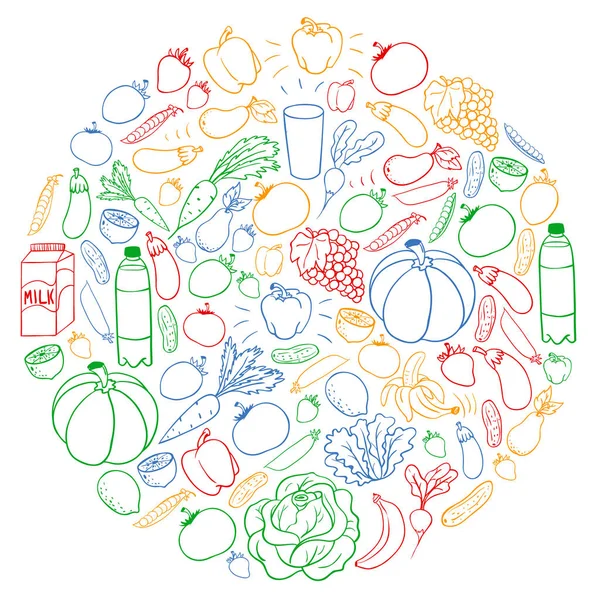Patrón vectorial con alimentos saludables. Frutas y verduras. Leche, productos lácteos. Patrón para tienda, centro comercial, menú, cafetería, restaurantes . — Archivo Imágenes Vectoriales