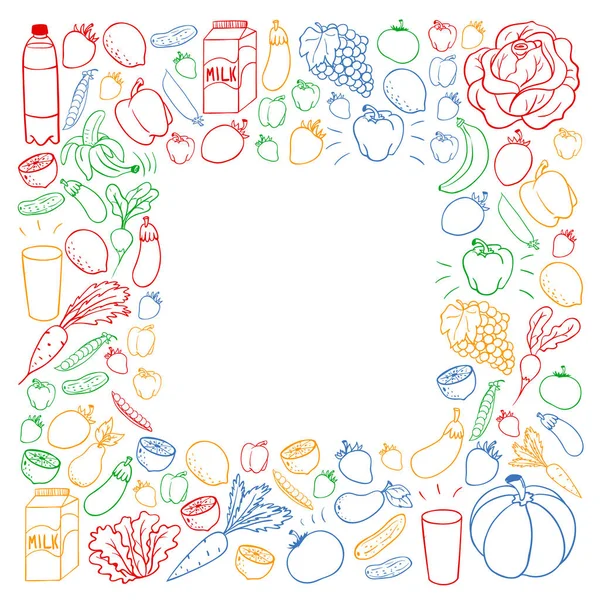 健康食品のベクターパターン。果物や野菜牛乳、乳製品。店舗、モール、メニュー、カフェ、レストランのためのパターン. — ストックベクタ