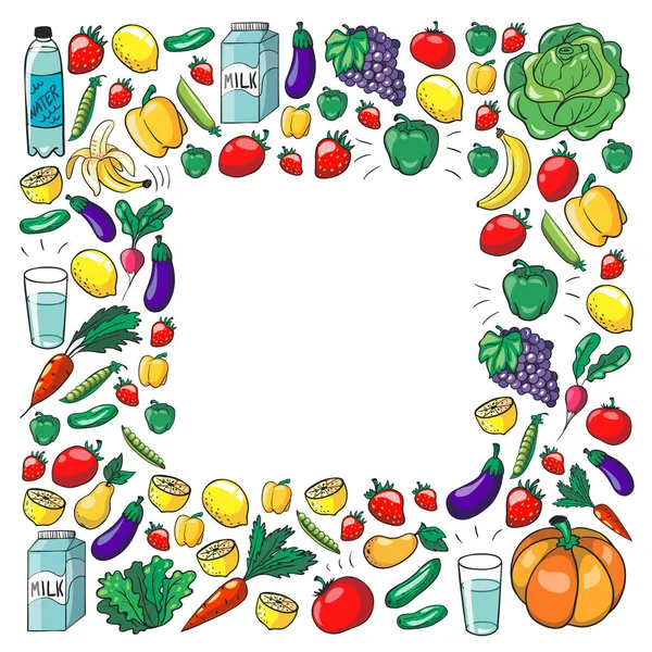 Διανυσματικά μοτίβα με υγιεινά τρόφιμα. Φρούτα και λαχανικά. Γάλα, γαλακτοκομικά προϊόντα. Μοτίβο για κατάστημα, εμπορικό κέντρο, μενού, καφέ, εστιατόρια. — Διανυσματικό Αρχείο