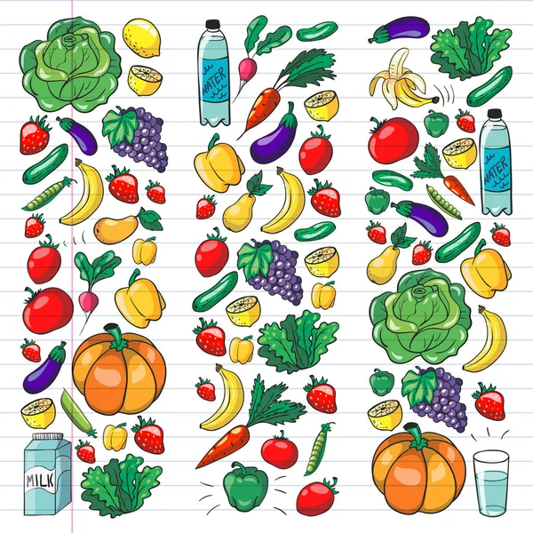 Modèle vectoriel avec des aliments sains. Fruits et légumes. Lait, produits laitiers. Modèle pour magasin, centre commercial, menu, café, restaurants . — Image vectorielle