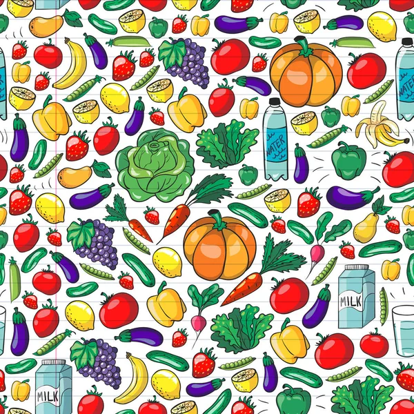 Vector naadloos patroon met gezond voedsel. Groenten en fruit. Melk, zuivelproducten. Patroon voor winkel, winkelcentrum, menu, cafe, restaurants. — Stockvector