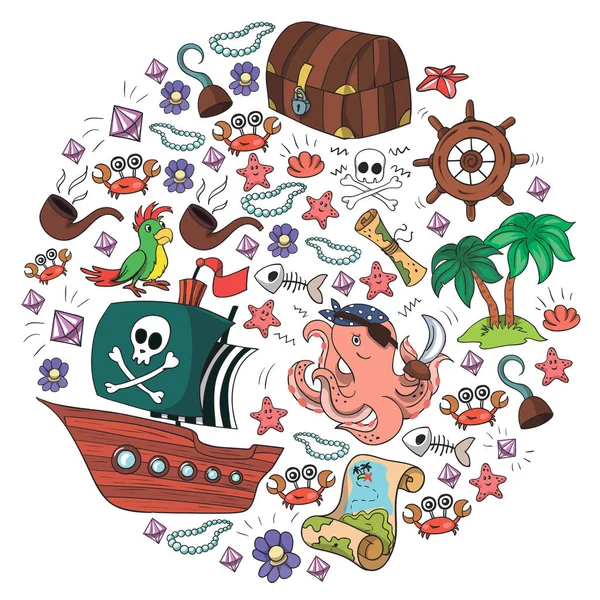 Set de vectores con elementos piratas para fiesta de cumpleaños para niños pequeños. Patrón de niños con pulpo, playa, cofre del tesoro, barco — Vector de stock