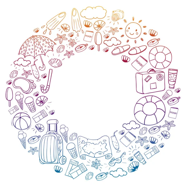 Vektör deseni. Yaz tatilleri. Seyahat ve maceralar. Plaj, okyanus, ada, güneş