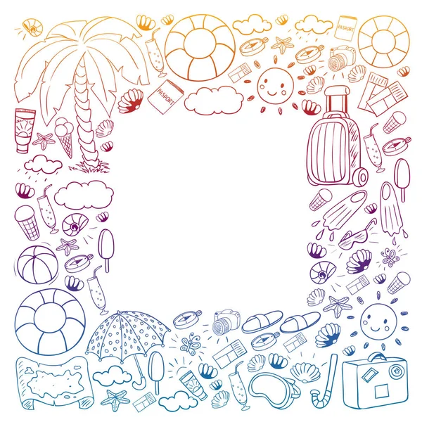 Vektör deseni. Yaz tatilleri. Seyahat ve maceralar. Plaj, okyanus, ada, güneş