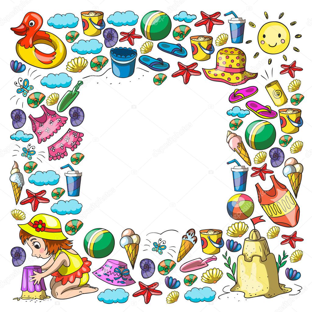 Vector pattern with little chilren. Family summer vacations. Beach, ocean, island, sun. Kids play. Swimming and relaxation.