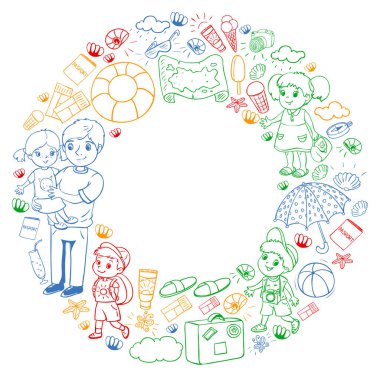 Vektör deseni. Yaz tatilleri. Küçük çocuklar. Çocuklu mutlu bir aile. Seyahat ve macera. Kumsal, okyanus, ada, güneş