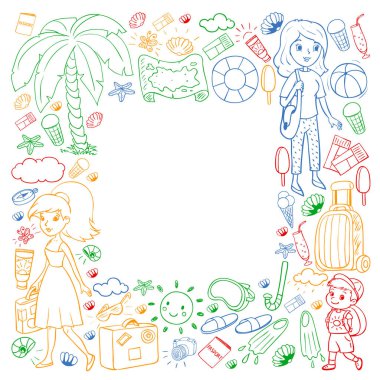 Vektör deseni. Yaz tatilleri. Küçük çocuklar. Çocuklu mutlu bir aile. Seyahat ve macera. Kumsal, okyanus, ada, güneş