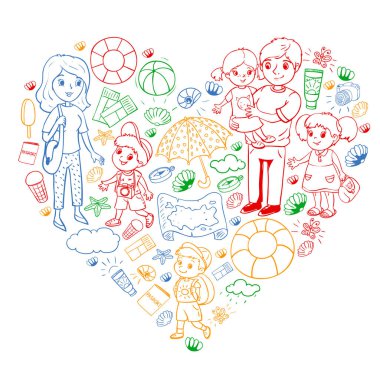 Vektör deseni. Yaz tatilleri. Küçük çocuklar. Çocuklu mutlu bir aile. Seyahat ve macera. Kumsal, okyanus, ada, güneş