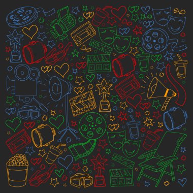 Sinema simgeleri ile vektör deseni. Sinema, Tv, patlamış mısır, video klipler, müzikal