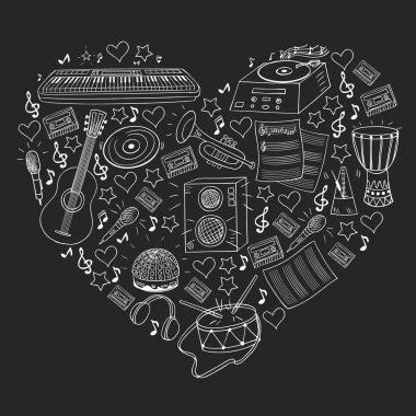 Müzikal enstrümanlı vektör deseni. Rock, caz, disko, karaoke. Modern ve klasik müzik. Doodle biçim simgeleri.