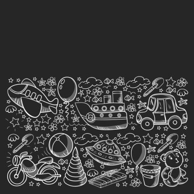 Küçük anaokulu çocukları için oyuncaklarla vektör deseni. Dinozor, oyuncak ayı, roket, gemi, uçak, balon, araba, motosiklet, kamyon..