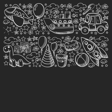 Küçük anaokulu çocukları için oyuncaklarla vektör deseni. Dinozor, oyuncak ayı, roket, gemi, uçak, balon, araba, motosiklet, kamyon..