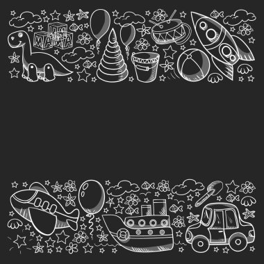 Küçük anaokulu çocukları için oyuncaklarla vektör deseni. Dinozor, oyuncak ayı, roket, gemi, uçak, balon, araba, motosiklet, kamyon..