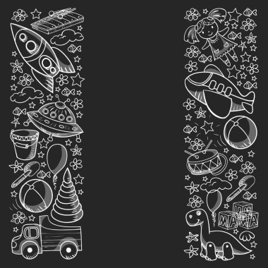 Küçük anaokulu çocukları için oyuncaklarla vektör deseni. Dinozor, oyuncak ayı, roket, gemi, uçak, balon, araba, motosiklet, kamyon..