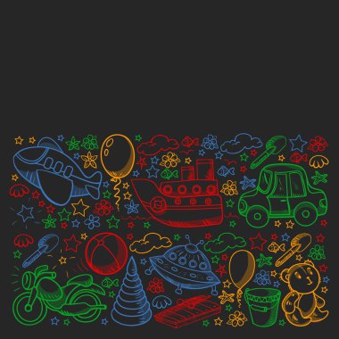 Küçük anaokulu çocukları için oyuncaklarla vektör deseni. Dinozor, oyuncak ayı, roket, gemi, uçak, balon, araba, motosiklet, kamyon..