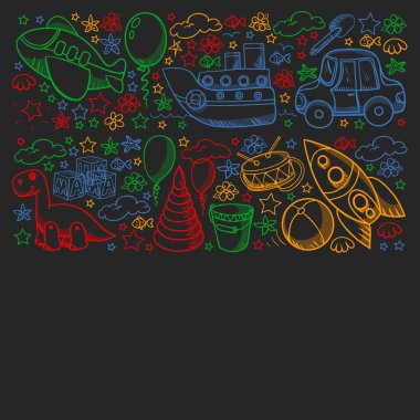 Küçük anaokulu çocukları için oyuncaklarla vektör deseni. Dinozor, oyuncak ayı, roket, gemi, uçak, balon, araba, motosiklet, kamyon..