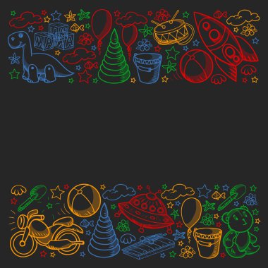 Küçük anaokulu çocukları için oyuncaklarla vektör deseni. Dinozor, oyuncak ayı, roket, gemi, uçak, balon, araba, motosiklet, kamyon..