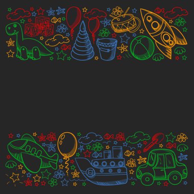 Küçük anaokulu çocukları için oyuncaklarla vektör deseni. Dinozor, oyuncak ayı, roket, gemi, uçak, balon, araba, motosiklet, kamyon..