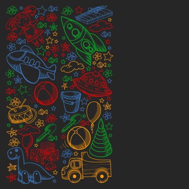 Küçük anaokulu çocukları için oyuncaklarla vektör deseni. Dinozor, oyuncak ayı, roket, gemi, uçak, balon, araba, motosiklet, kamyon..