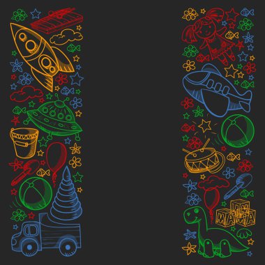 Küçük anaokulu çocukları için oyuncaklarla vektör deseni. Dinozor, oyuncak ayı, roket, gemi, uçak, balon, araba, motosiklet, kamyon..