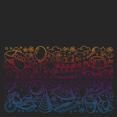 Küçük anaokulu çocukları için oyuncaklarla vektör deseni. Dinozor, oyuncak ayı, roket, gemi, uçak, balon, araba, motosiklet, kamyon..