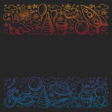 Küçük anaokulu çocukları için oyuncaklarla vektör deseni. Dinozor, oyuncak ayı, roket, gemi, uçak, balon, araba, motosiklet, kamyon..