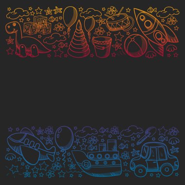 Küçük anaokulu çocukları için oyuncaklarla vektör deseni. Dinozor, oyuncak ayı, roket, gemi, uçak, balon, araba, motosiklet, kamyon..