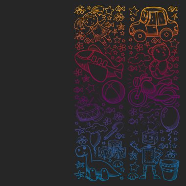 Küçük anaokulu çocukları için oyuncaklarla vektör deseni. Dinozor, oyuncak ayı, roket, gemi, uçak, balon, araba, motosiklet, kamyon..