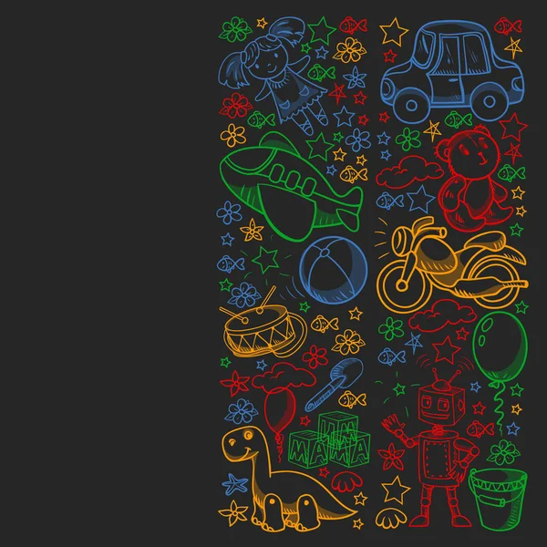 Küçük anaokulu çocukları için oyuncaklarla vektör deseni. Dinozor, oyuncak ayı, roket, gemi, uçak, balon, araba, motosiklet, kamyon..