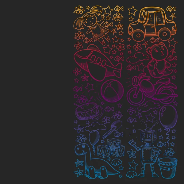 Küçük anaokulu çocukları için oyuncaklarla vektör deseni. Dinozor, oyuncak ayı, roket, gemi, uçak, balon, araba, motosiklet, kamyon..