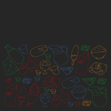 Süt, tereyağı, süzme peynir, ekşi krema, peynir, yoğurt, dondurma, krema simgeleri ile Vektör desen. Süt ürünlerinin toplanması.