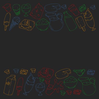 Süt, tereyağı, süzme peynir, ekşi krema, peynir, yoğurt, dondurma, krema simgeleri ile Vektör desen. Süt ürünlerinin toplanması.